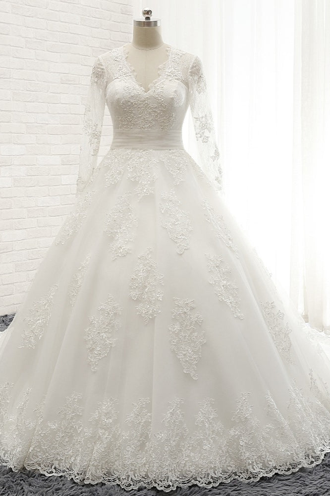 Modest Longsleeves V-neck Lace Wedding Dresses White Tulle A-line Bridal Gowns With Appliques Online-27dress