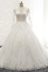 Modest Longsleeves V-neck Lace Wedding Dresses White Tulle A-line Bridal Gowns With Appliques Online-27dress