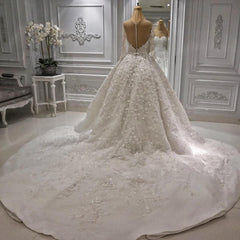 Modest Longsleeves White A-line Wedding Dresses Tulle Ruffles Bridal Gowns With Appliques Online-27dress