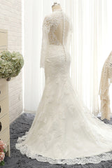 Modest Longsleeves White Mermaid Wedding Dresses Satin Lace Bridal Gowns With Appliques Online-27dress