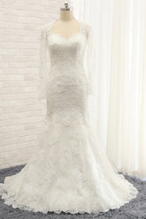 Modest Longsleeves White Mermaid Wedding Dresses Satin Lace Bridal Gowns With Appliques Online-27dress
