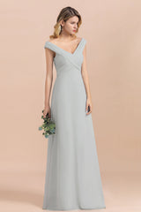 Modest Off-the-Shoulder Mist Chiffon Bridesmaid Dresses with Pleats-27dress