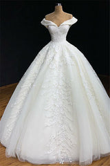 Modest Off-the-shoulder White A-line Wedding Dresses Tulle Ruffles Bridal Gowns With Appliques Online-27dress