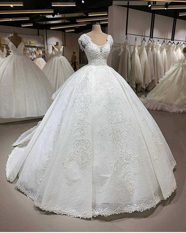 Modest Off-the-shoulder White A-line Wedding Dresses Tulle Ruffles Bridal Gowns With Appliques Online-27dress