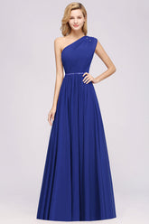 Modest One-shoulder Royal Blue Affordable Bridesmaid Dress with Beadings-27dress