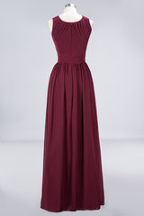 Modest Round-Neck Sleeveless Burgundy Bridesmaid Dresses with Ruffles-27dress