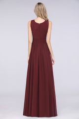 Modest Round-Neck Sleeveless Burgundy Bridesmaid Dresses with Ruffles-27dress