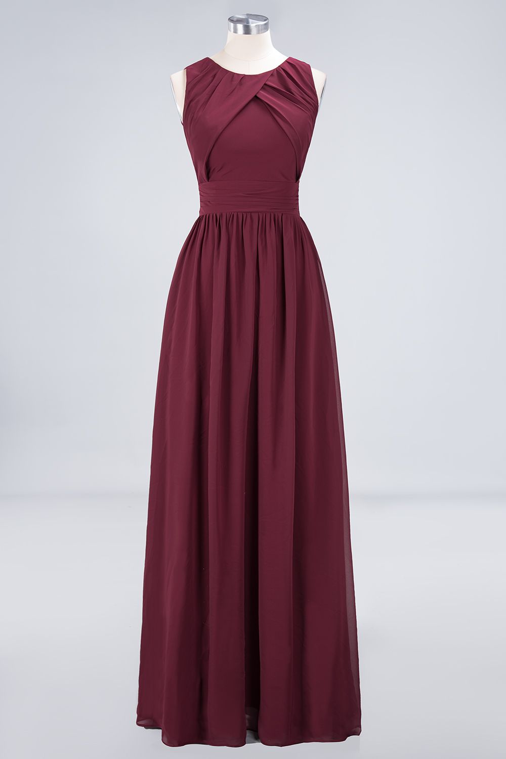 Modest Round-Neck Sleeveless Burgundy Bridesmaid Dresses with Ruffles-27dress