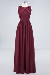Modest Round-Neck Sleeveless Burgundy Bridesmaid Dresses with Ruffles-27dress