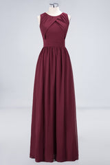 Modest Round-Neck Sleeveless Burgundy Bridesmaid Dresses with Ruffles-27dress