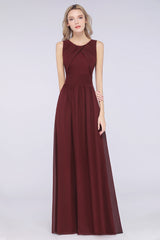 Modest Round-Neck Sleeveless Burgundy Bridesmaid Dresses with Ruffles-27dress