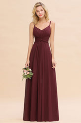 Modest Ruffle Spaghetti Straps Backless Burgundy Bridesmaid Dresses Affordable-27dress