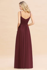 Modest Ruffle Spaghetti Straps Backless Burgundy Bridesmaid Dresses Affordable-27dress