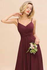 Modest Ruffle Spaghetti Straps Backless Burgundy Bridesmaid Dresses Affordable-27dress