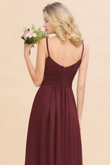 Modest Ruffle Spaghetti Straps Backless Burgundy Bridesmaid Dresses Affordable-27dress