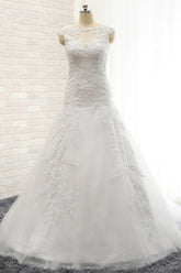 Modest Sleeveless Jewel Wedding Dresses With Appliques White Mermaid Bridal Gowns On Sale-27dress