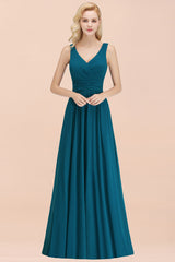 Modest Sleeveless V-Neck Long Chiffon Bridesmaid Dress Online with Ruffle-27dress