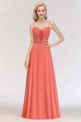 Modest Spaghetti-Straps Ruffle Affordable Bridesmaid Dress with Appliques-27dress