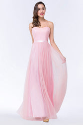Modest Spaghetti-Straps Sweetheart Long Bridesmaid Dress with Sash-27dress