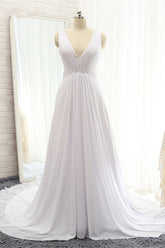 Modest Straps V-neck Sleeveless Wedding Dresses White Chiffon Bridal Gowns Online-27dress