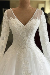 Modest V-neck Longsleeves White Wedding Dresses With Appliques A-line Tulle Ruffles Bridal Gowns On Sale-27dress