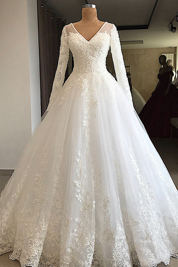 Modest V-neck Longsleeves White Wedding Dresses With Appliques A-line Tulle Ruffles Bridal Gowns On Sale-27dress