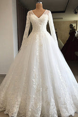 Modest V-neck Longsleeves White Wedding Dresses With Appliques A-line Tulle Ruffles Bridal Gowns On Sale-27dress