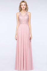 Modest V-Neck Sleeveless Pink Affordable Bridesmaid Dresses Lace-27dress