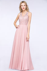 Modest V-Neck Sleeveless Pink Affordable Bridesmaid Dresses Lace-27dress