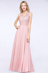 Modest V-Neck Sleeveless Pink Affordable Bridesmaid Dresses Lace-27dress