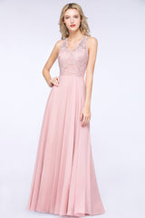 Modest V-Neck Sleeveless Pink Affordable Bridesmaid Dresses Lace-27dress