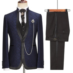 Jacquard Shawl Lapel Three Pieces New Arrival Navy Blue Wedding Suits