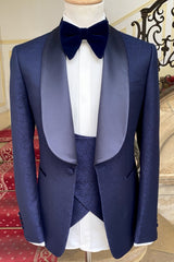Jacquard Three Pieces Navy Blue Wedding Suits