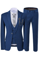 Notched Lapel Three Pieces Navy Blue Business Suits With Black Dot