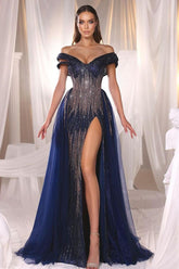 Navy Blue Off the Shoulder Beadings Strapless Long Prom Dress With High Split