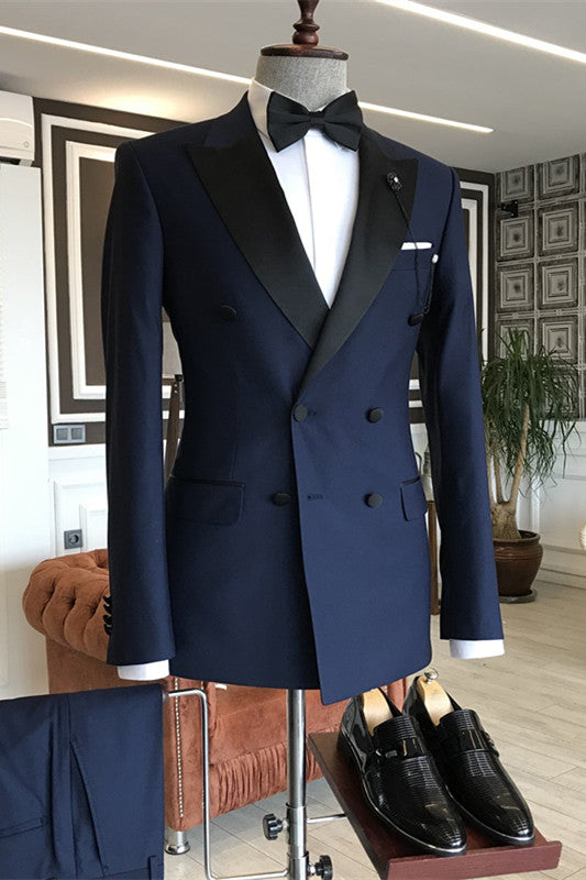 Peaked Lapel Double Breasted Chic Men Navy Blue Wedding Suits