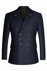 Peaked Lapel Double Breasted Close Fitting Navy Blue Business Suits