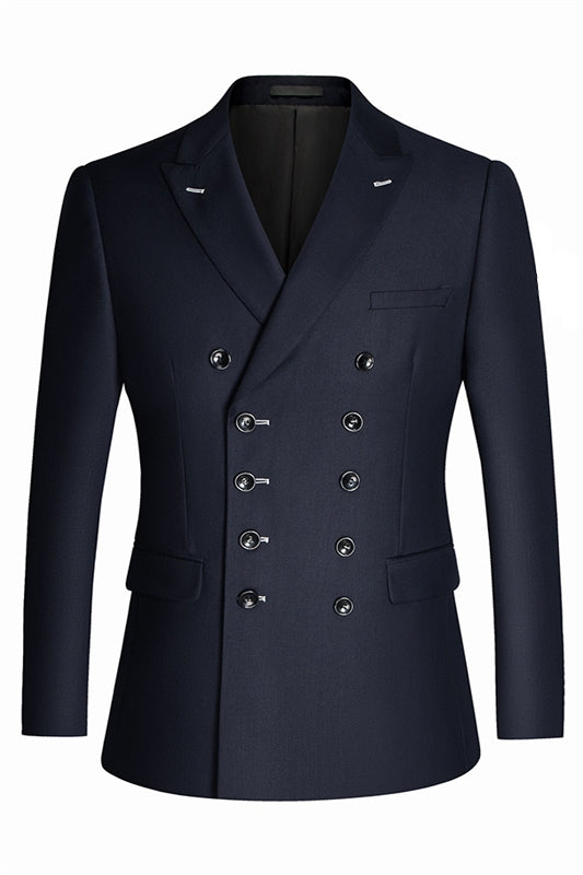 Peaked Lapel Double Breasted Close Fitting Navy Blue Business Suits