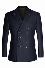 Peaked Lapel Double Breasted Close Fitting Navy Blue Business Suits