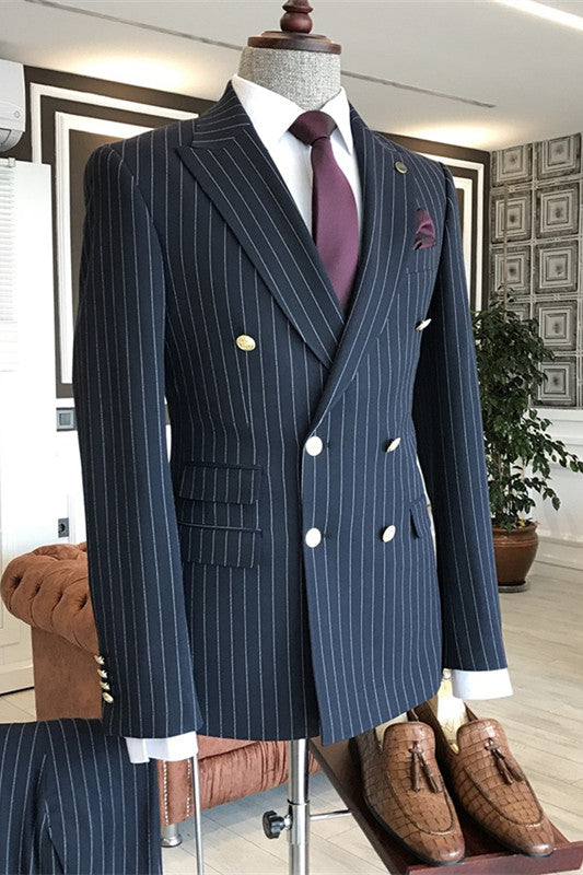 Peaked Lapel Striped Double Breasted Navy Blue Business Suits