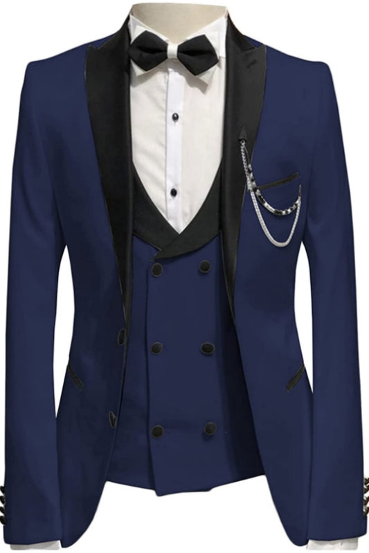 Peaked Lapel Three Pieces Classic Navy Blue Wedding Suits