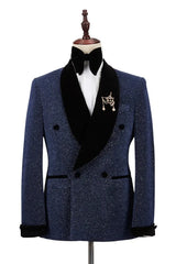 Sequins Double Breasted Close Fitting Navy Blue Wedding Suits With Black Velvet Lapel