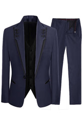 Shawl Lapel Three Pieces Close Fitting Navy Blue Prom Suits
