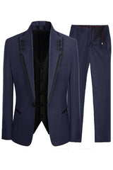 Shawl Lapel Three Pieces Close Fitting Navy Blue Prom Suits