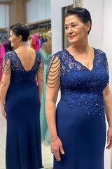 Navy Blue Sleeveless V-neck Lace Mother Of the Bride Dress-27dress