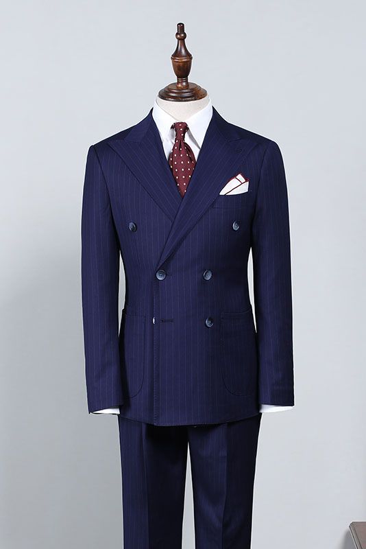 Navy Blue Striped Double Breasted Slim Fit Custom Business Suit