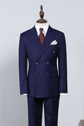 Navy Blue Striped Double Breasted Slim Fit Custom Business Suit