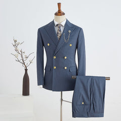 Navy Blue Striped Double Breasted Slim Fit Tailored Business Suit