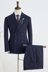 Navy Blue Striped Notched Lapel Double Breasted Tailored Business Suit