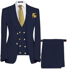 Three Pieces Peaked Lapel Men Navy Blue Wedding Suits